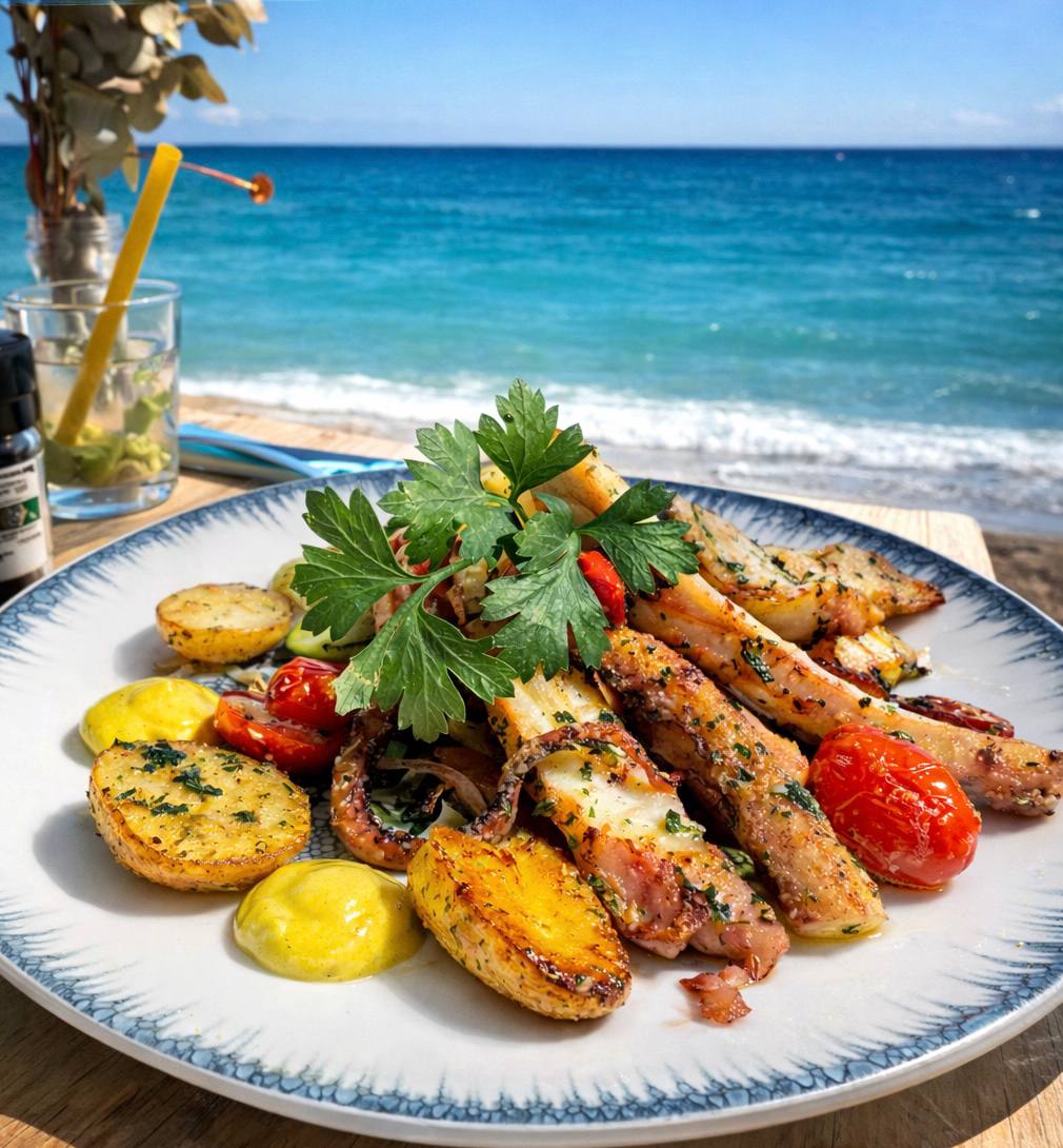 Plat grillé et pommes de terre face à la mer